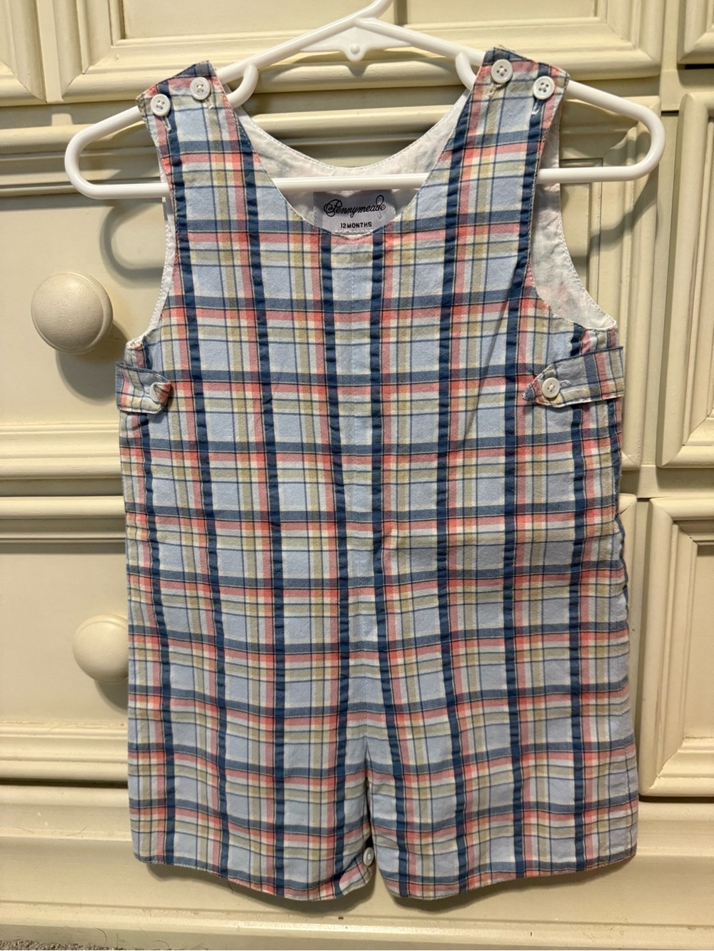Boys Kids Plaid Shortalls - Blue Pink Multi